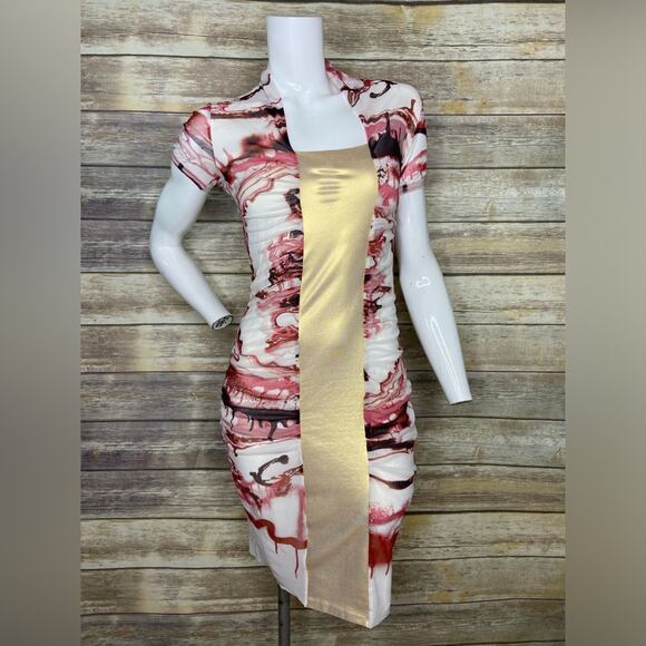RARE Jean Paul Gaultier M 2000’s Soleil runway dress marbled ruched gold panel - Picture 2 of 13